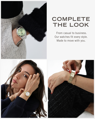 Collage of a woman wearing Swiss Made COVER watches with text 'Complete the Look' on a white background.