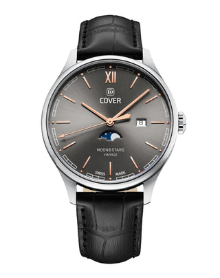 COVER Chapman Moon&Stars Grau, Leder Schwarz, Silber Uhr