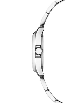 Side view of COVER Marville Lady Steel Watch Green, Silver with stainless steel case and bracelet.