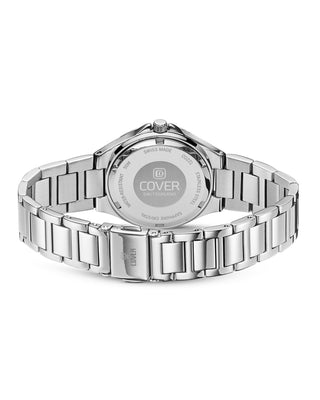 Back view of the COVER Cardea Crystal light blue watch with engraved case back and silver clasp.
