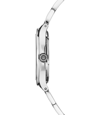 Side view of the COVER Cardea Crystal light blue watch with slim case and stainless steel bezel.