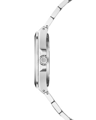 Side view of the COVER Iconosteel Lady White Pearl Silver Watch highlighting its unique, iconic case shape.