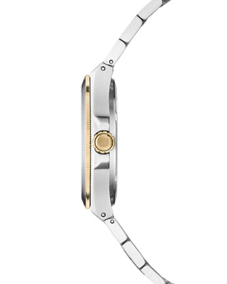 Side view of the COVER Iconosteel Lady Light Green Bicolor Watch, focusing on the sleek, iconic case shape