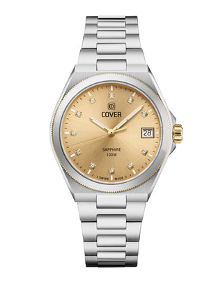 COVER Iconosteel Lady Gold Bicolor Watch with gold sunray dial, gold accents, and silver stainless steel bracelet.