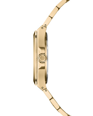 Side view of the COVER Iconosteel Lady Full Gold Steel Watch showcasing its unique, iconic case shape