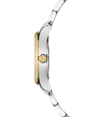Side profile of Valentina Mini White Pearl, Bicolor with fluted bezel and slim case