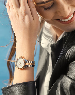COVER Valentina Mini White Pearl, Bicolor Rose Gold on the wrist – elegant Swiss Made women's watch with white MOP dial