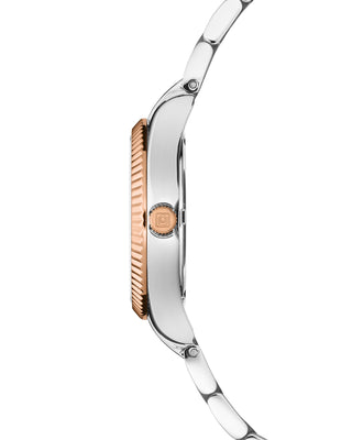 Side profile of Valentina Mini White Pearl, Bicolor Rose Gold with fluted bezel