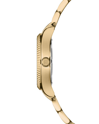Side profile of Valentina Mini White Pearl, Gold with fluted bezel and 30mm case