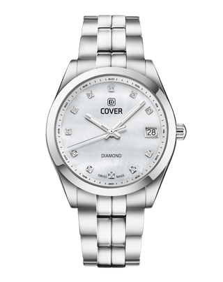 COVER Andara Diamond Sleek Swiss Made Women's Watch with White MOP Dial andorned with Diamonds, Full Silver Look, Sapphire Glass