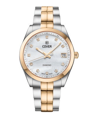 COVER Andara Diamond Sleek Swiss Made Women's Watch with White MOP Dial andorned with Diamonds, Two-Tone gold/Silver, Sapphire Glass