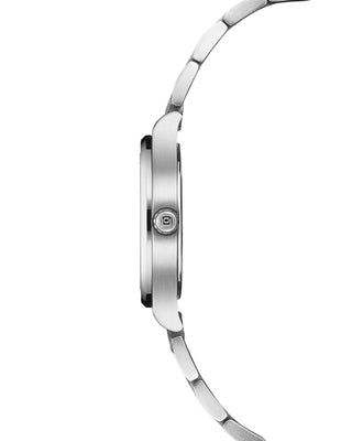 Side profile showing the Altea’s curved case and silver bracelet