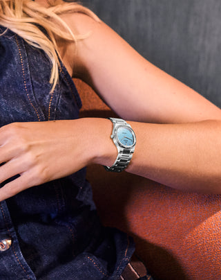 Blue dial COVER Altea watch on wrist – modern Swiss style for women