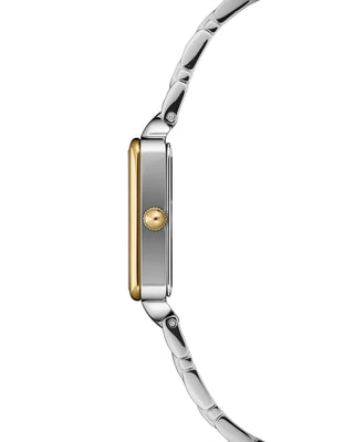 Side view showing slim square case and polished bicolor bracelet