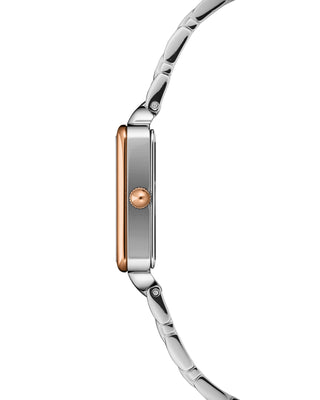 Side view showing slim square case and polished rosegold and silver bracelet