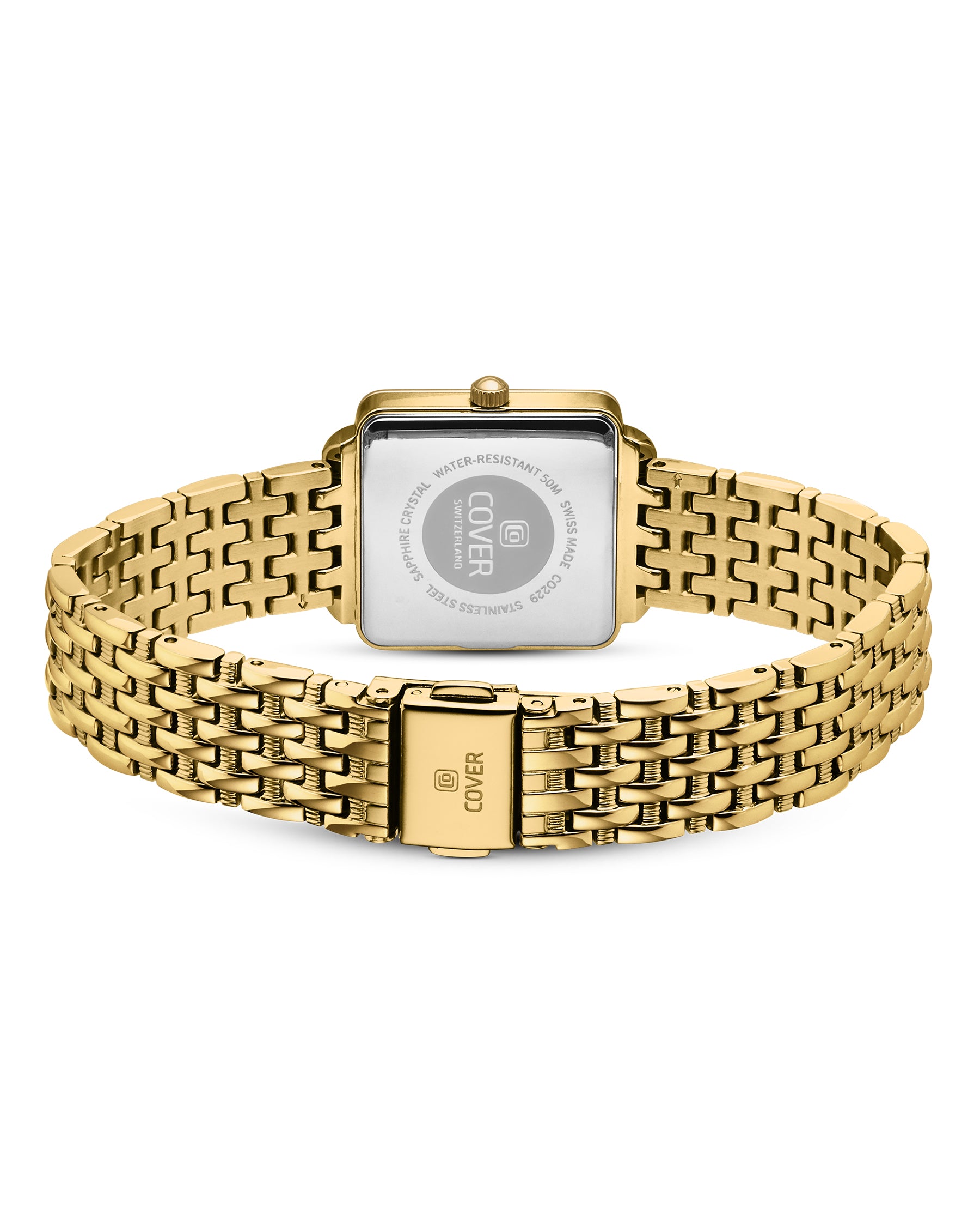 Swiss made caseback with sapphire glass and engraved COVER logo