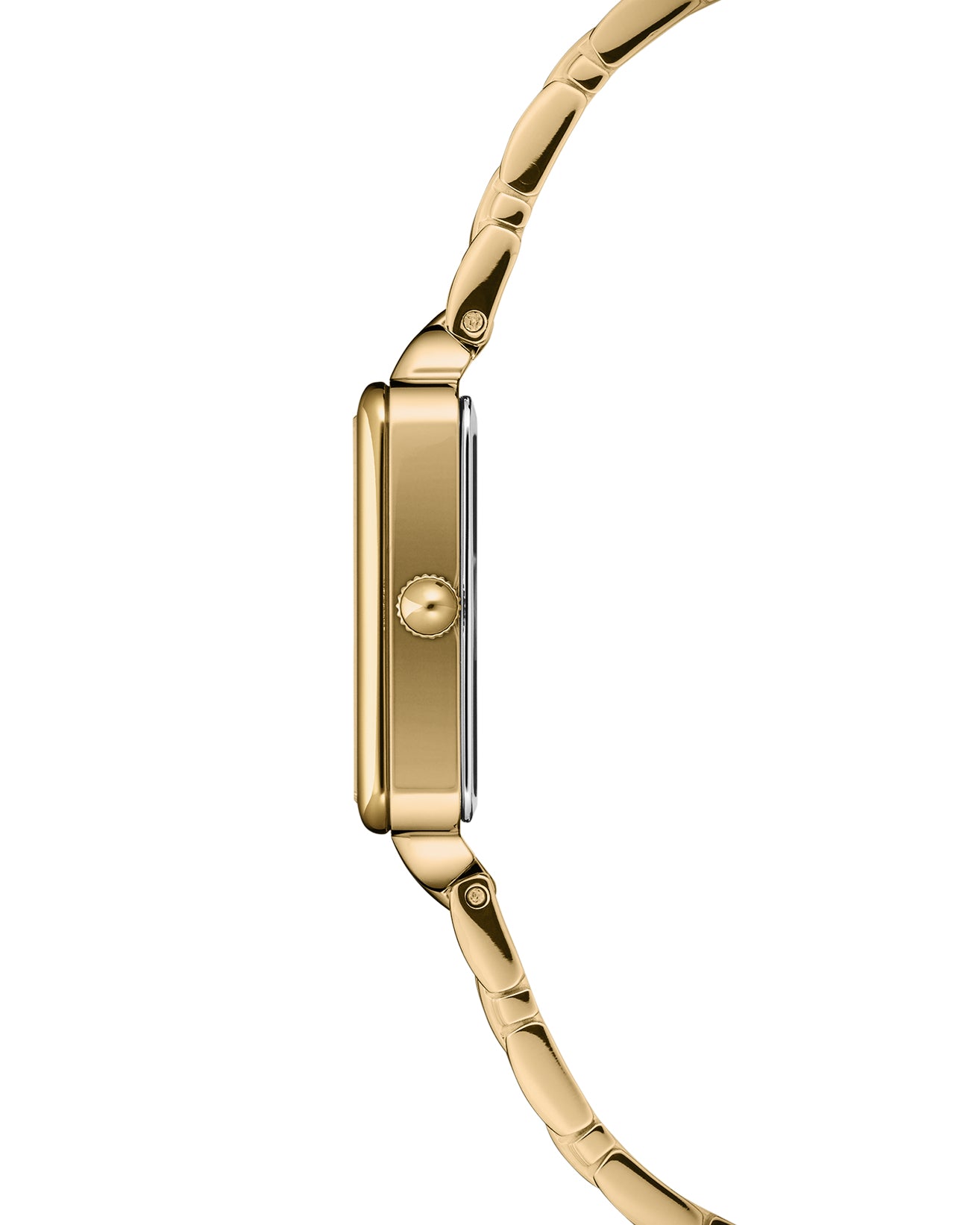 Side view showing slim square gold case and polished bracelet