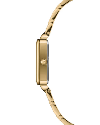 Side view showing slim square gold case and polished bracelet