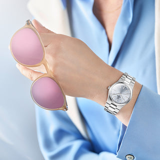 COVER Bracelet One Elegant Minimalist Swiss Made Women's Watch, Light Blue Dial, Full Silver Color