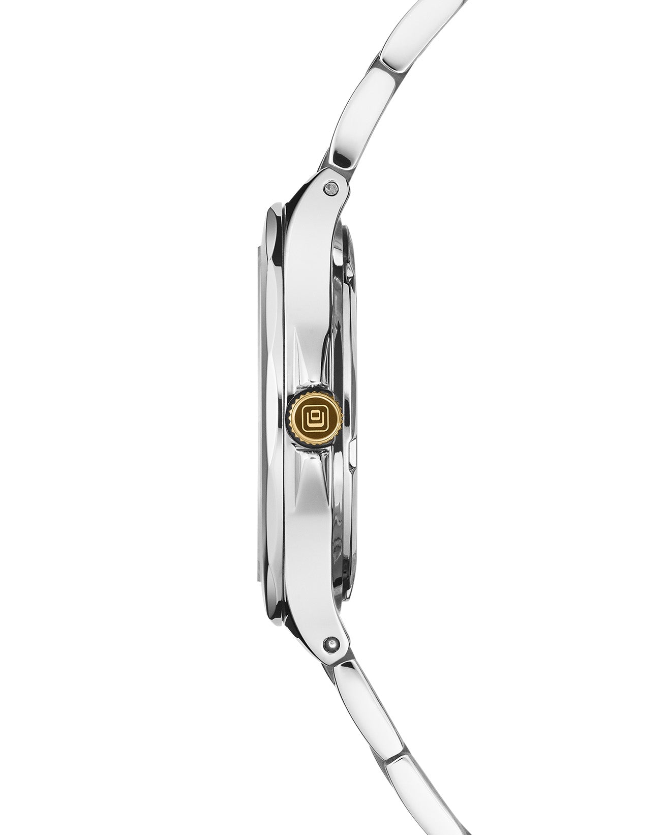 Side view of the COVER Cardea Crystal silver bicolor watch with slim case and multi-edge bezel.