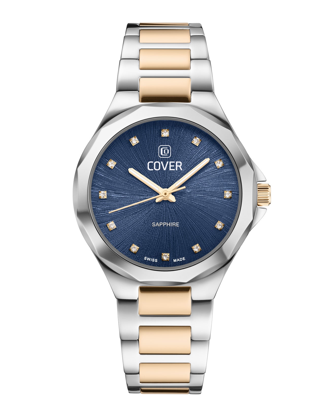 COVER Cardea Crystal ladies' watch with blue dial, gold-plated bicolor bracelet, and crystal hour markers