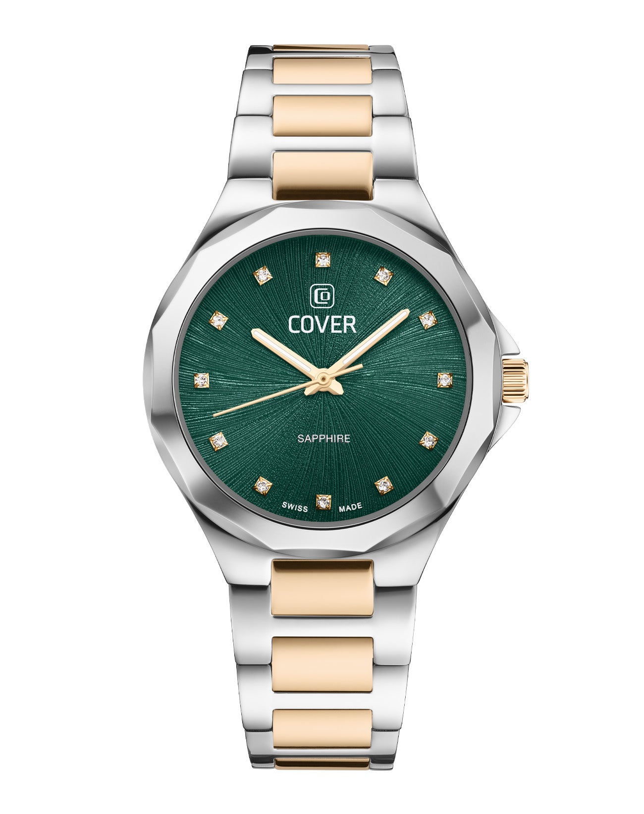 COVER Cardea Crystal ladies' watch with green dial, gold-plated bicolor bracelet, and crystal markers