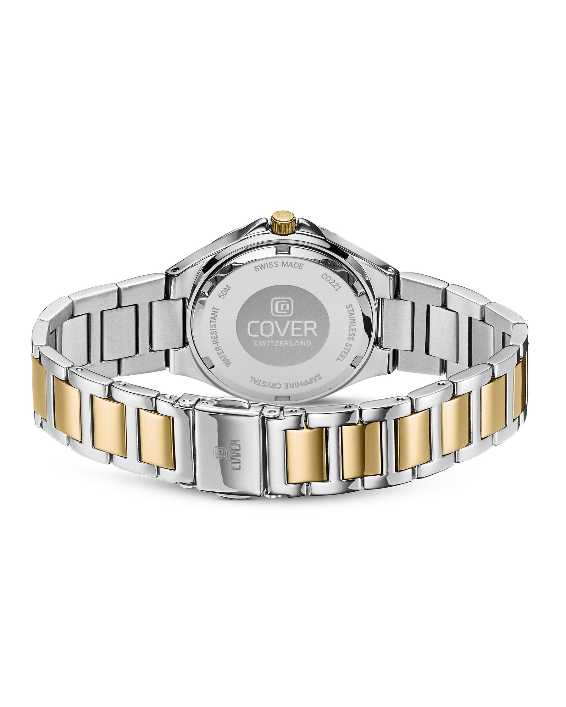 Back view of the COVER Cardea Crystal green bicolor watch with engraved stainless steel case back.