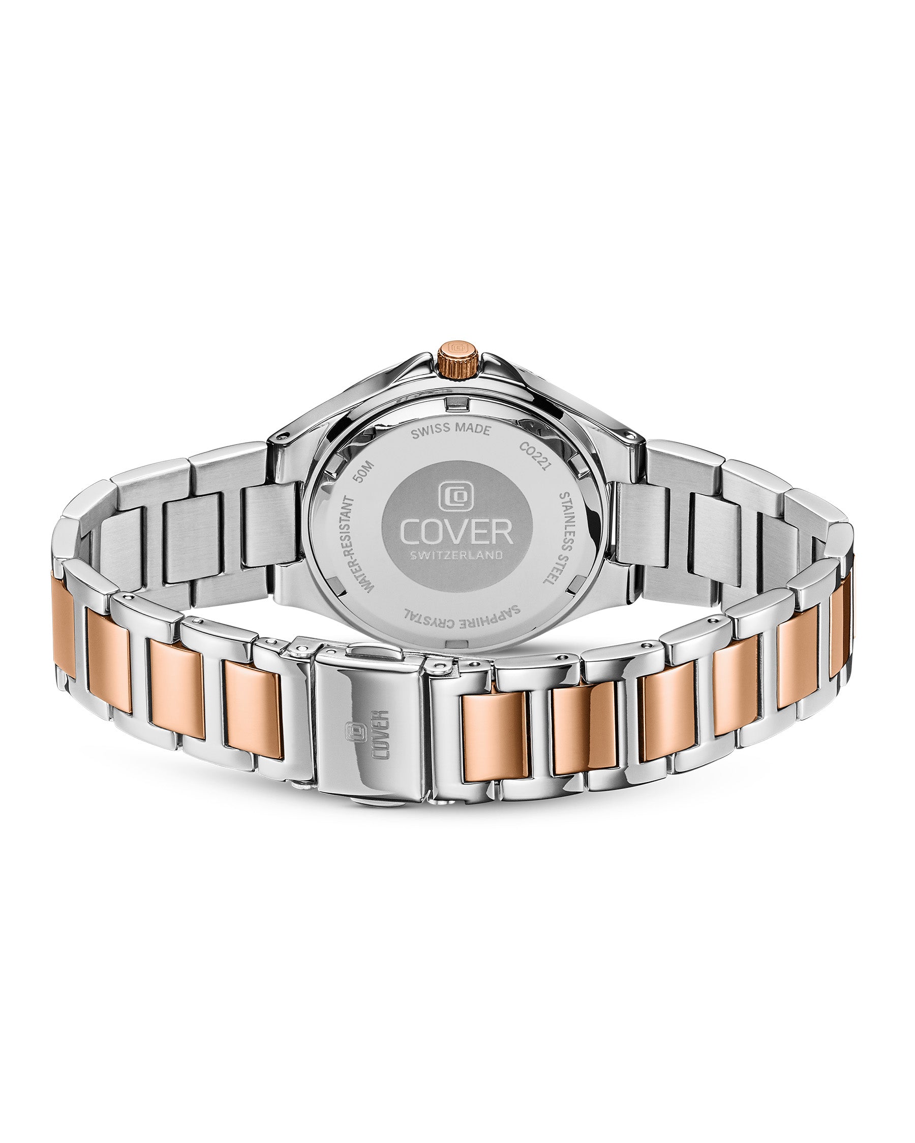 Back view of the COVER Cardea Crystal rose gold bicolor watch with engraved stainless steel case and clasp.