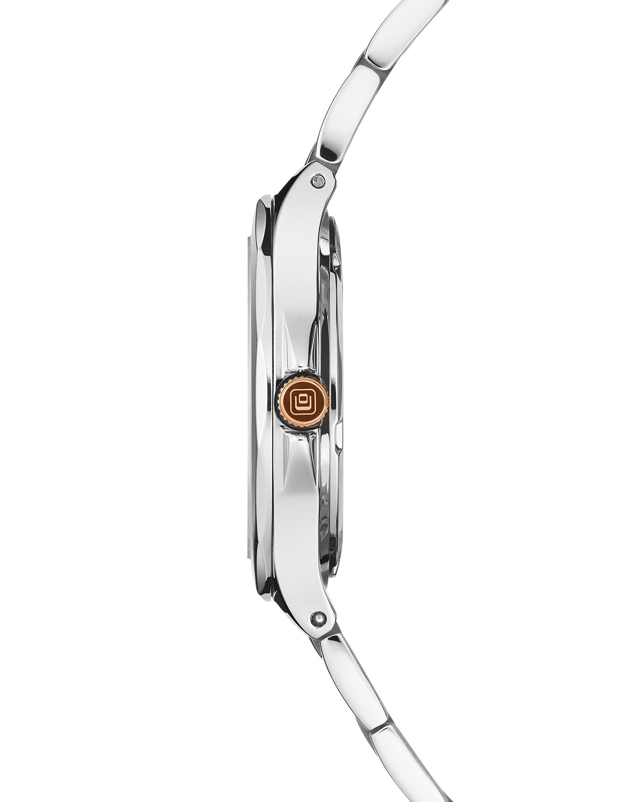 Side view of the COVER Cardea Crystal rose gold watch showing slim stainless steel case and faceted bezel