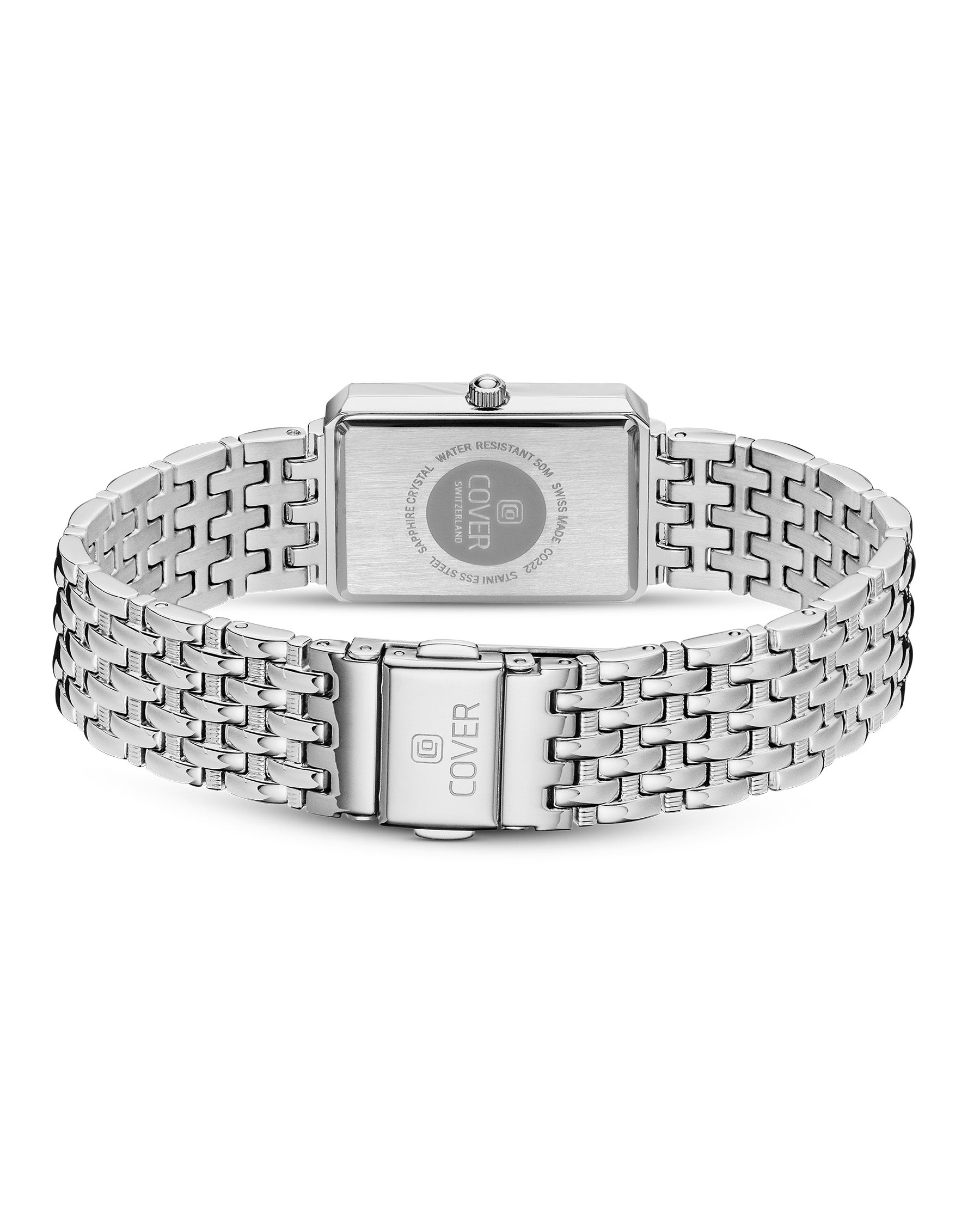 Stainless steel bracelet and engraved caseback of COVER Noble Square Silver