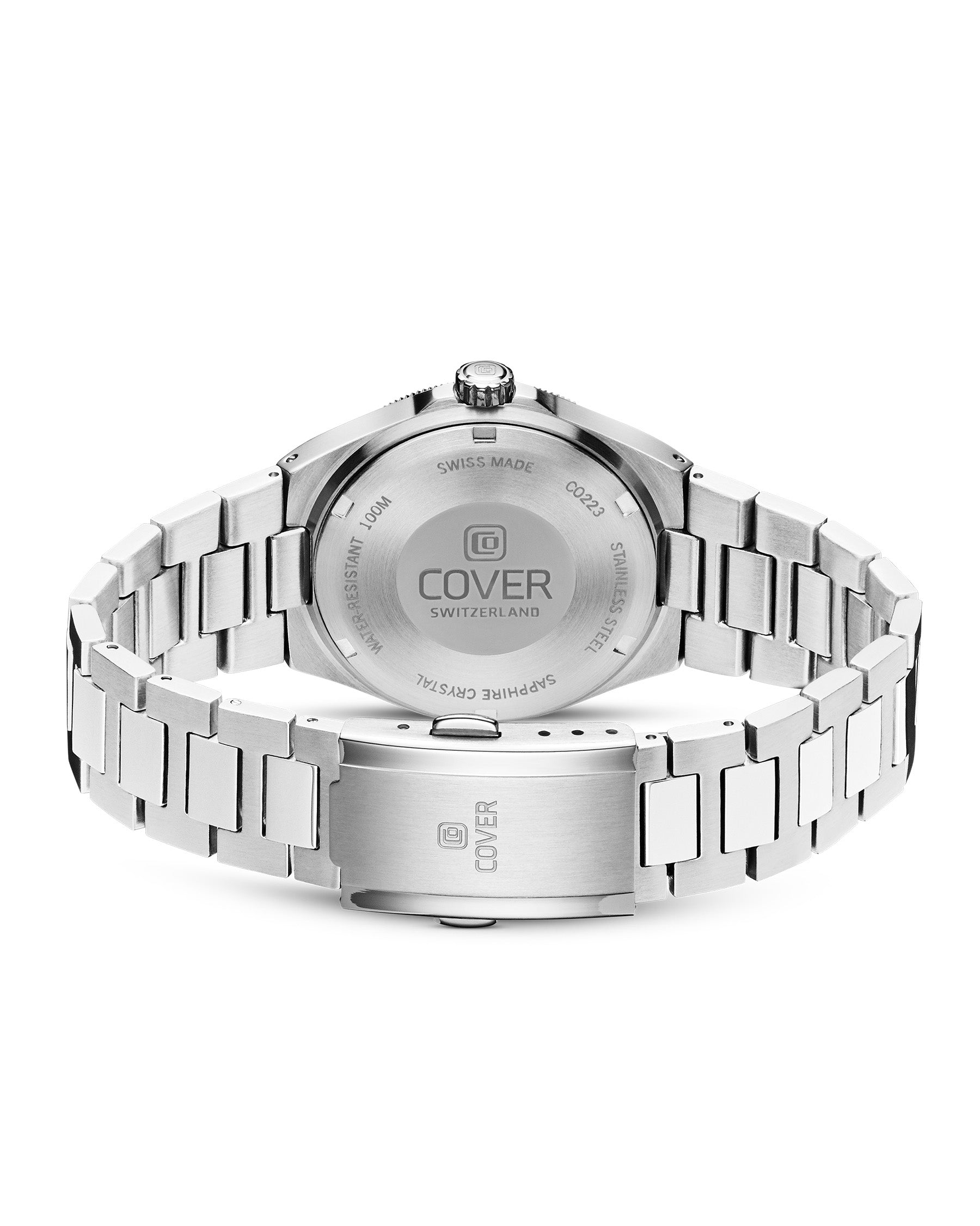 Back view of the COVER Iconosteel Lady Blue Pearl Silver Watch with Swiss-made engraving and stainless steel case.