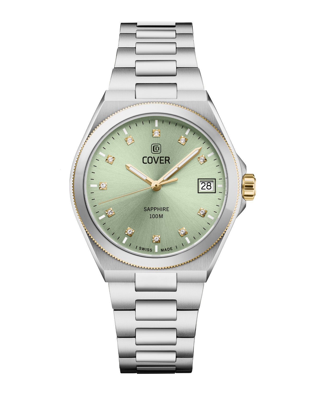 COVER Iconosteel Lady Light Green Bicolor Watch with light green sunray dial and gold/silver stainless steel case.