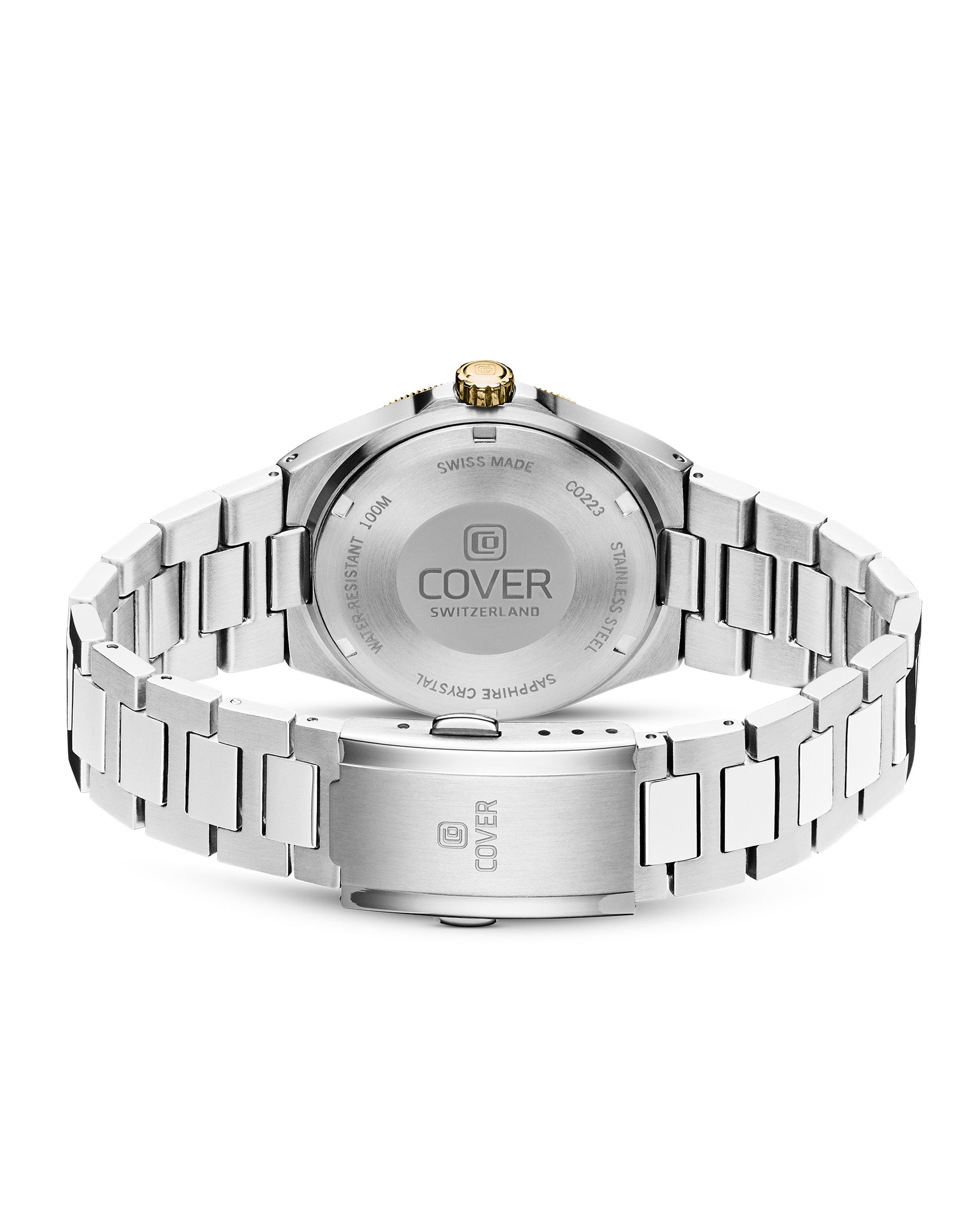 Back view of the COVER Iconosteel Lady Light Green Bicolor Watch with Swiss craftsmanship engraving and stainless steel case