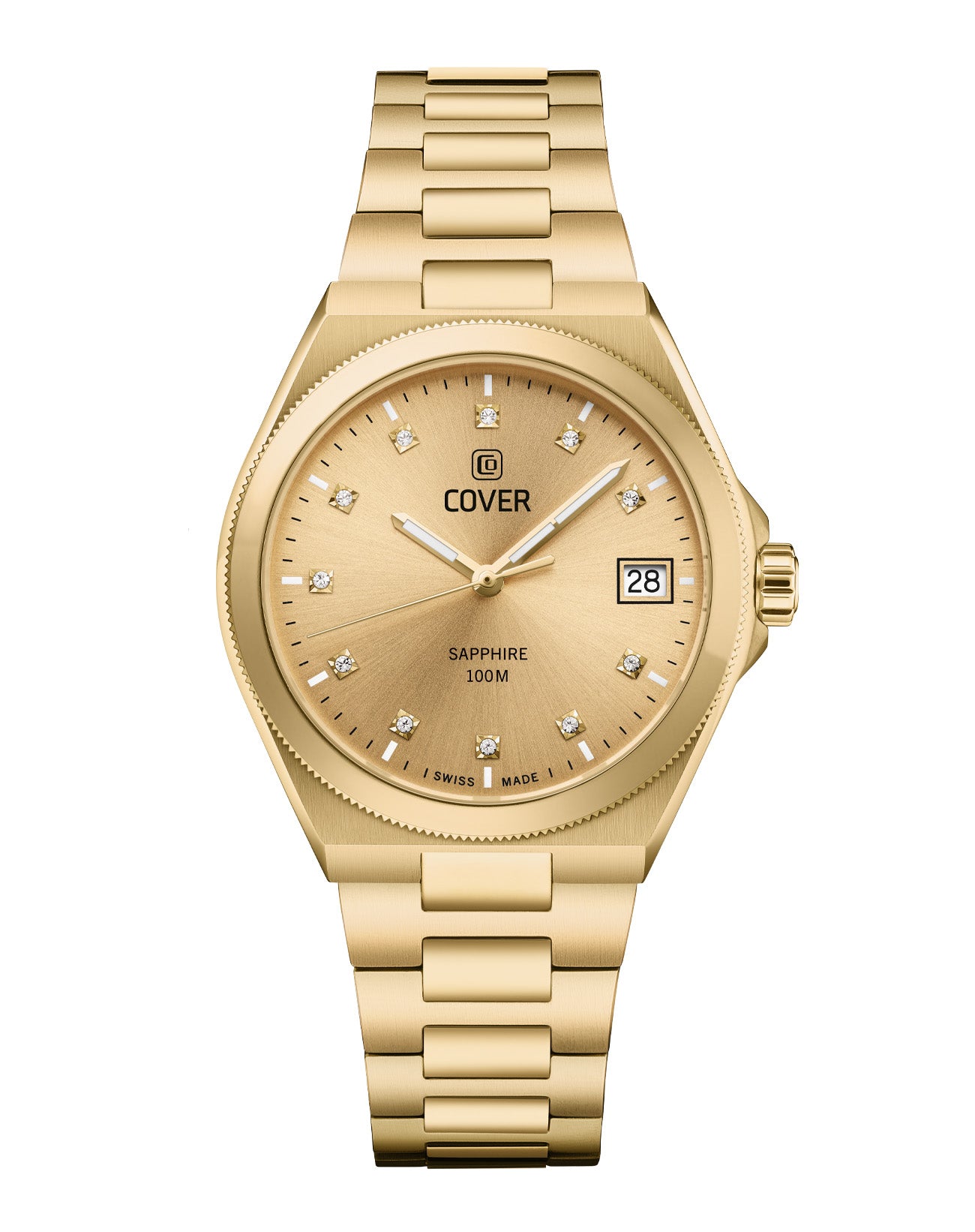 COVER Iconosteel Lady Full Gold Steel Watch with golden sunray dial and crystal hour markers.