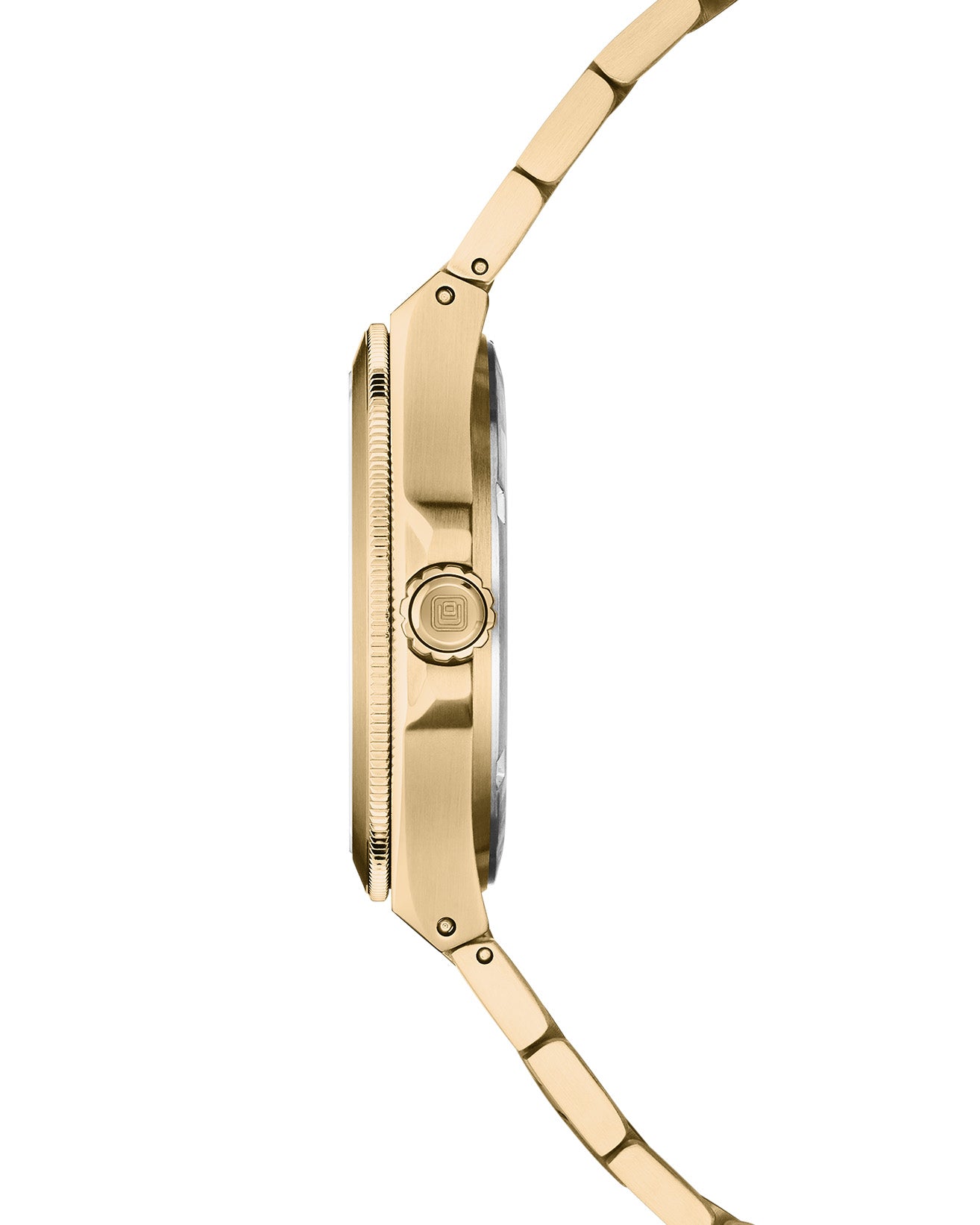 Side view of the COVER Iconosteel Lady Full Gold Steel Watch showcasing its unique, iconic case shape