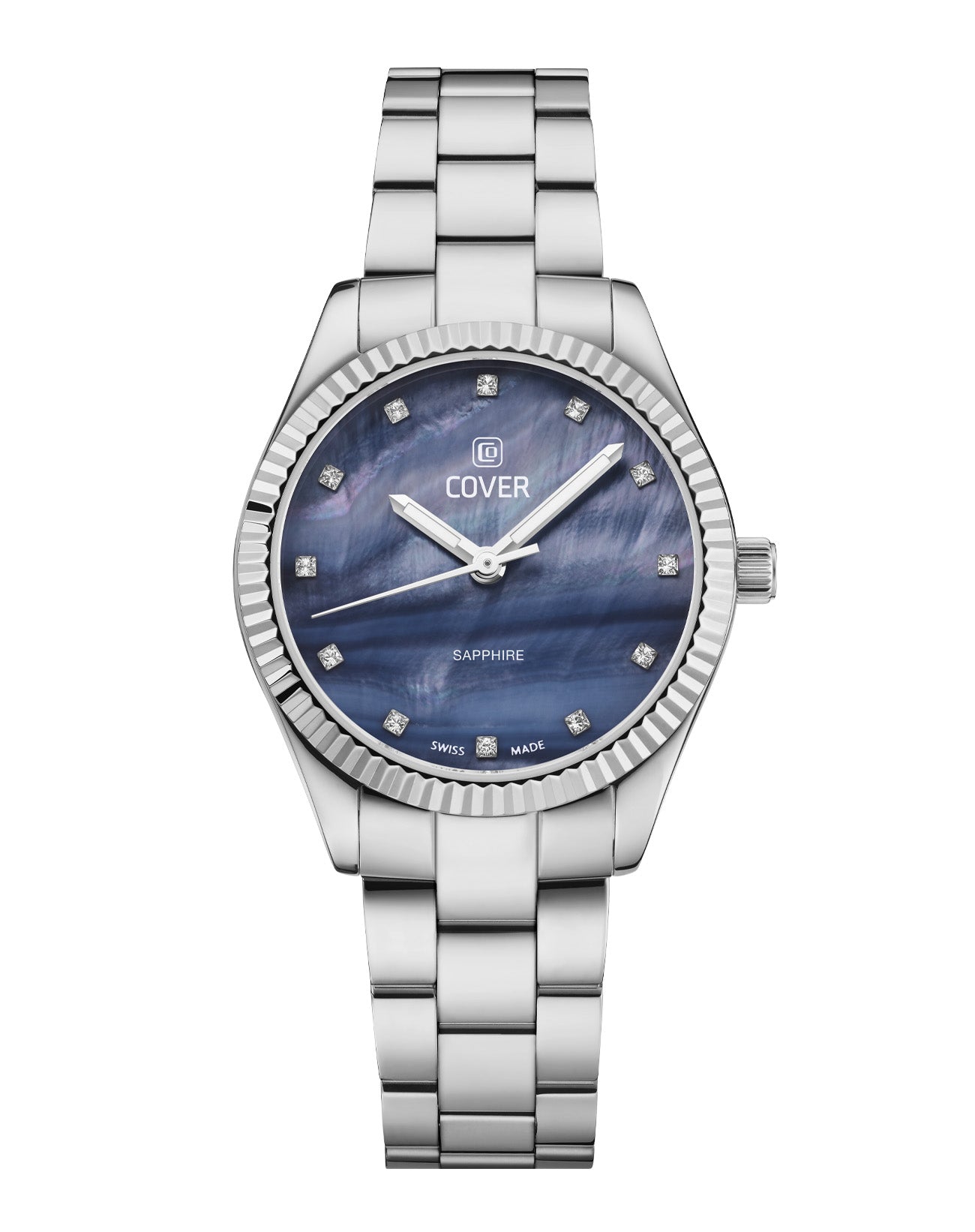 Silver Swiss made Valentina Mini with blue mother-of-pearl dial and crystal markers