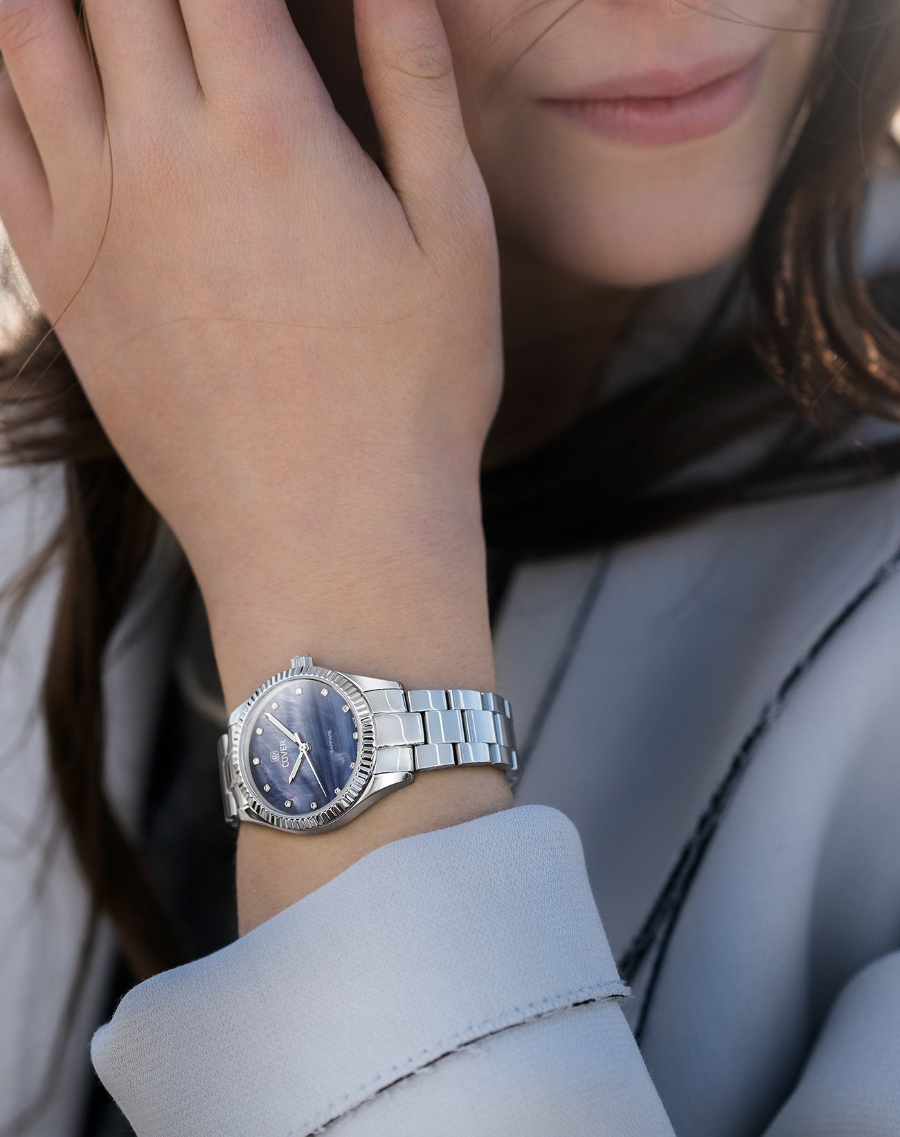 COVER Valentina Mini Blue Pearl, Silver on the wrist – stylish Swiss Made women's watch with blue MOP dial & crystal markers
