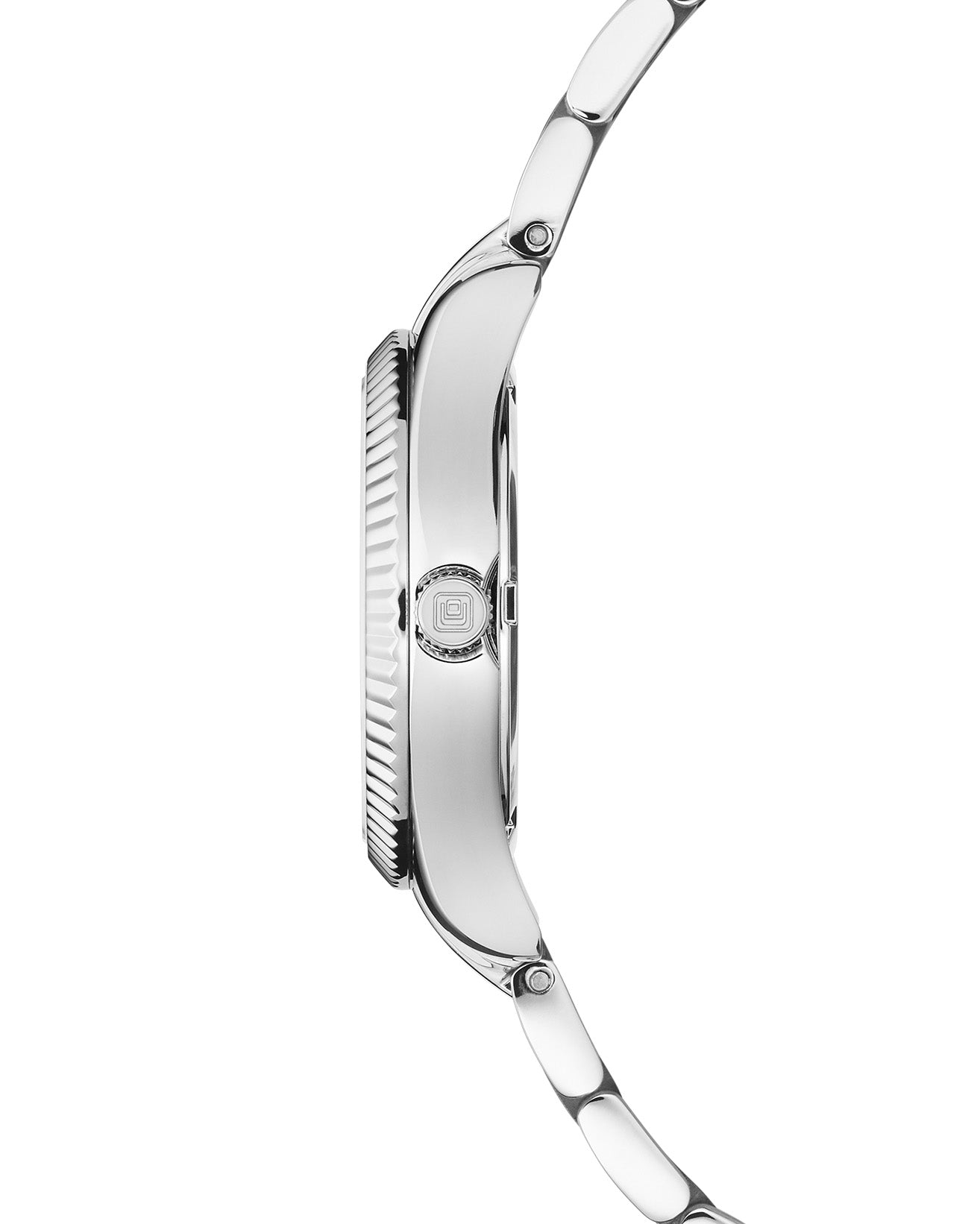 Side profile of Valentina Mini Blue Pearl, Silver with fluted silver bezel