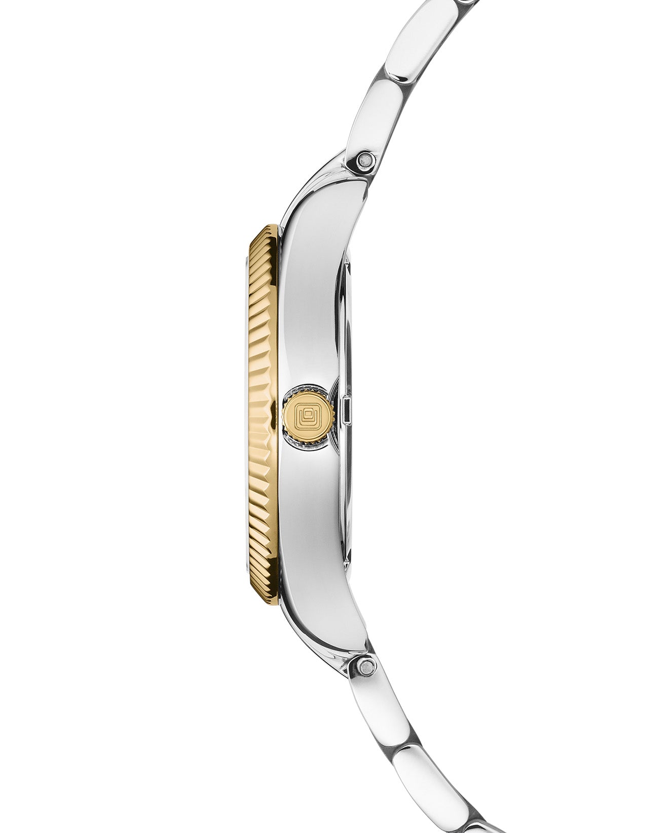 Side profile of Valentina Mini Green Pearl, Bicolor with elegant fluted bezel