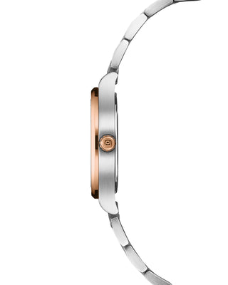 Side view showing the Altea’s curved bicolor case and bracelet