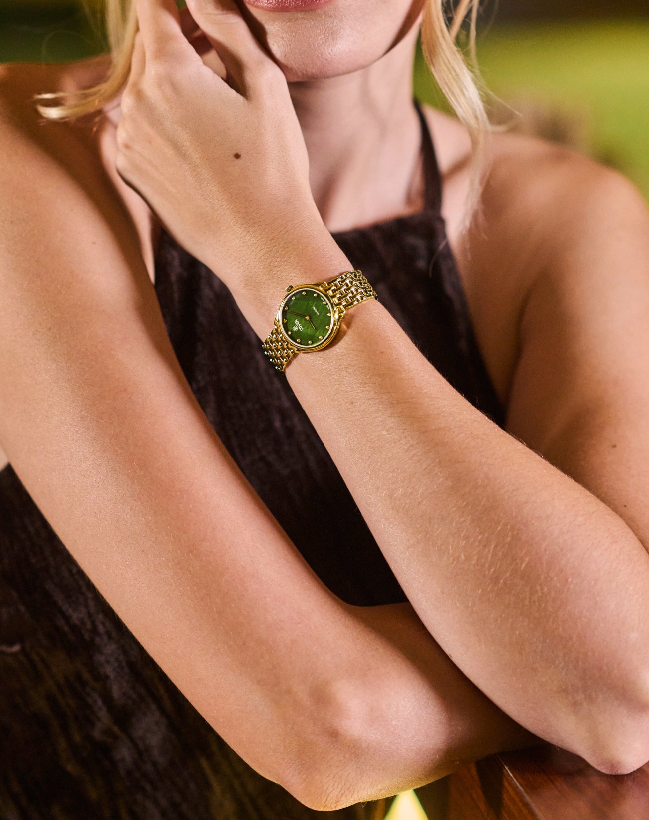 COVER Eternal Pearl Diamond Ladies Watch on Wrist – Green Dial and Gold Bracelet Elegant Look