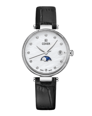COVER Fly Me To The Moon Crystals Silver Pearl Leather Black, Moon Phase Watch