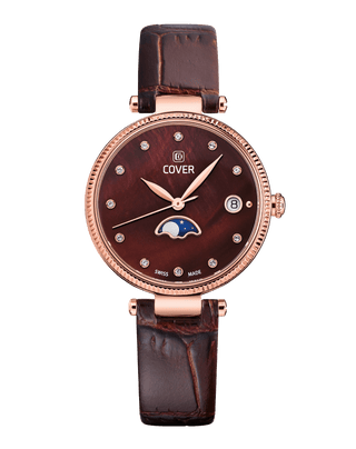 COVER Fly Me To The Moon Crystals Brown Pearl Leather, Rose gold Moon Phase Watch