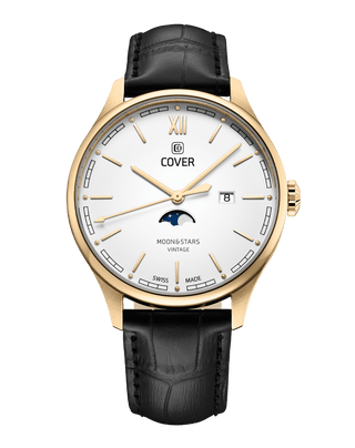 COVER Chapman Moon&Stars White, Leather Black, Gold Watch