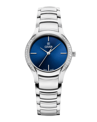 COVER Sandara Elegant Swiss Made Women's Watch, blue Dial, radiant crystals on both sides of the silver case, silver metal watch band