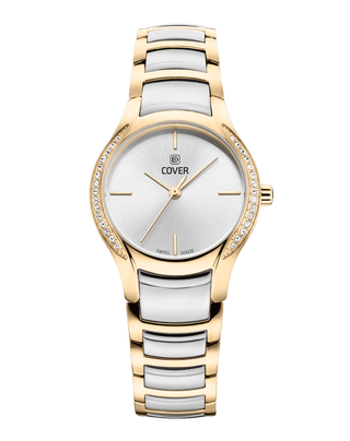 COVER Sandara Elegant Swiss Made Women's Watch, Silver Dial, radiant crystals on both sides of the gold case, two-tone silver gold metal watch band