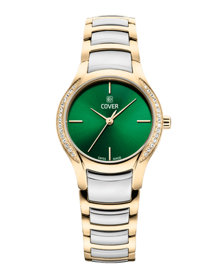 COVER Sandara Elegant Swiss Made Women's Watch, Green Dial, radiant crystals on both sides of the gold case, two-tone silver gold metal watch band