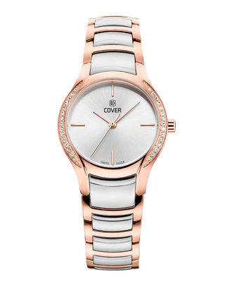 COVER Sandara Elegant Swiss Made Women's Watch, Silver Dial, radiant crystals on both sides of the rose gold case, two-tone silver rose gold metal watch band