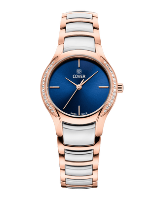 COVER Sandara Elegant Swiss Made Women's Watch, Blue Dial, radiant crystals on both sides of the rose gold case, two-tone silver rose gold metal watch band