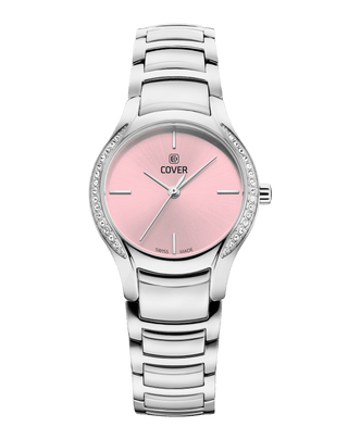 COVER Sandara Elegant Swiss Made Women's Watch, rose dial, radiant crystals on both sides of the silver case, silver metal watch band